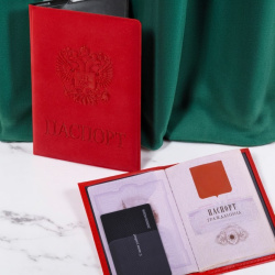 Обложка для паспорта, мягкий полиуретан, "Герб", красный, с отделением для карточек